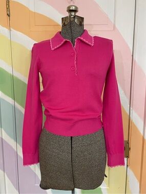English Factory Pink Scallop Trim Polo Sweater Cute Preppy - Sz XS 💛🎀
